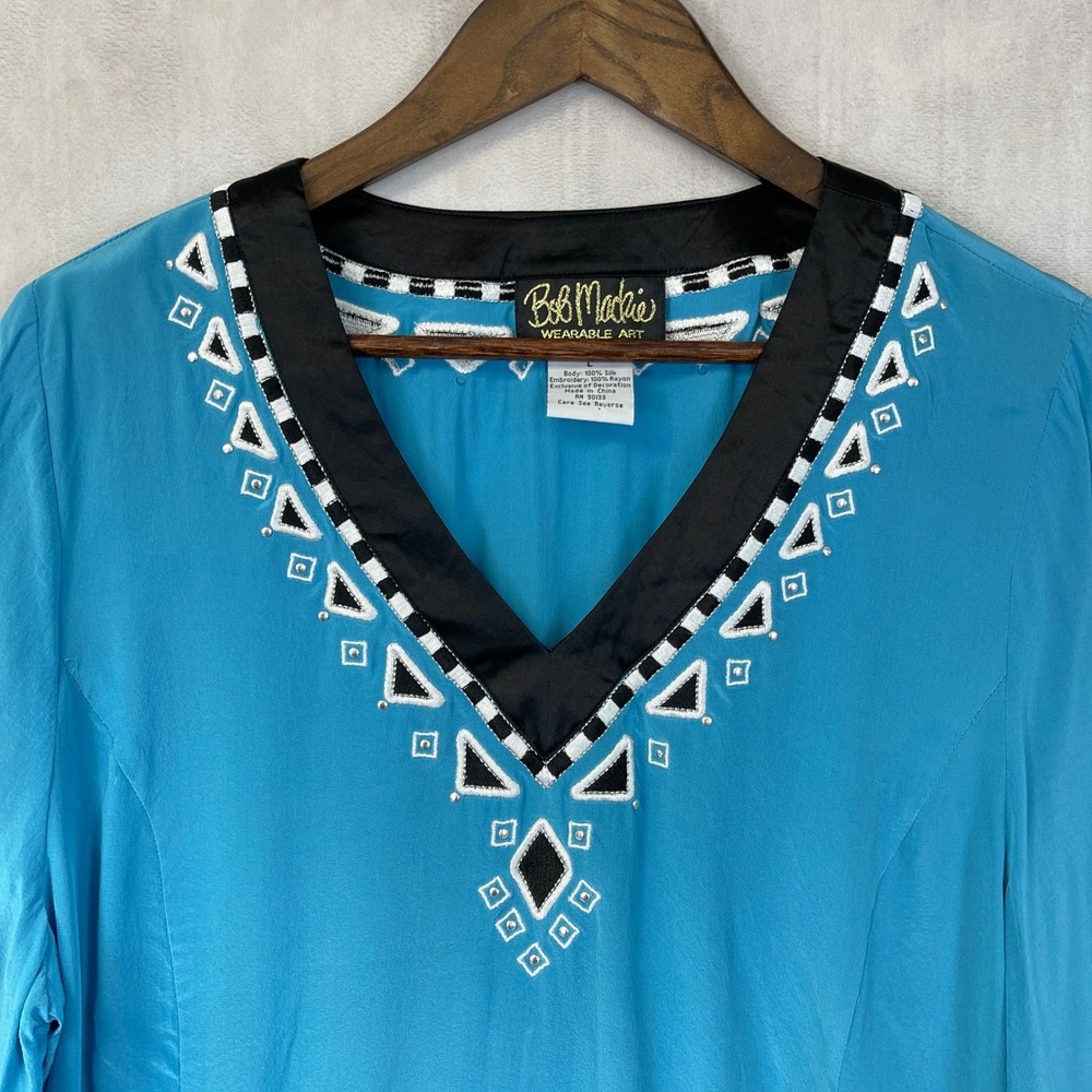 Vintage Bob Mackie Silk Tunic Top Women Large Embroidered Boho Global Artsy Chic - Picture 3 of 12